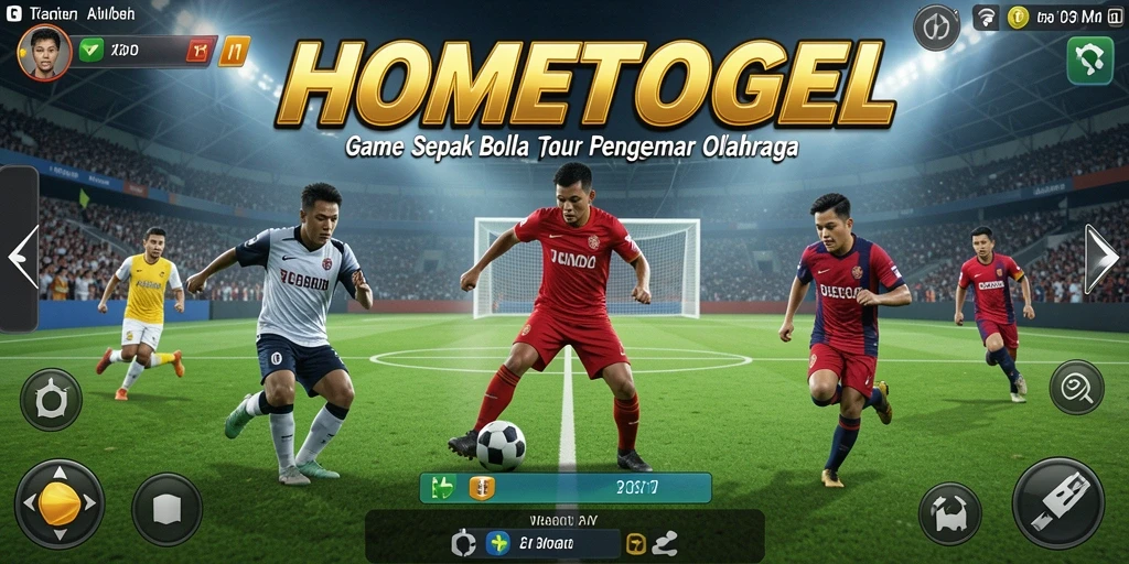 Screenshot gameplay HOMETOGEL menampilkan aksi seru pemain sepak bola.