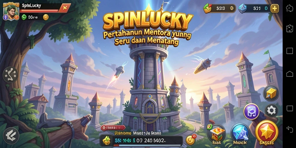 Tangkapan layar gameplay SPINLUCKY menunjukkan pertempuran menara yang intens.