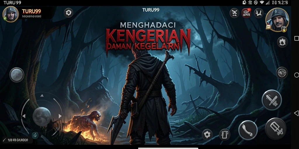 Screenshot gameplay TURU99 menampilkan suasana mencekam di lingkungan angker.