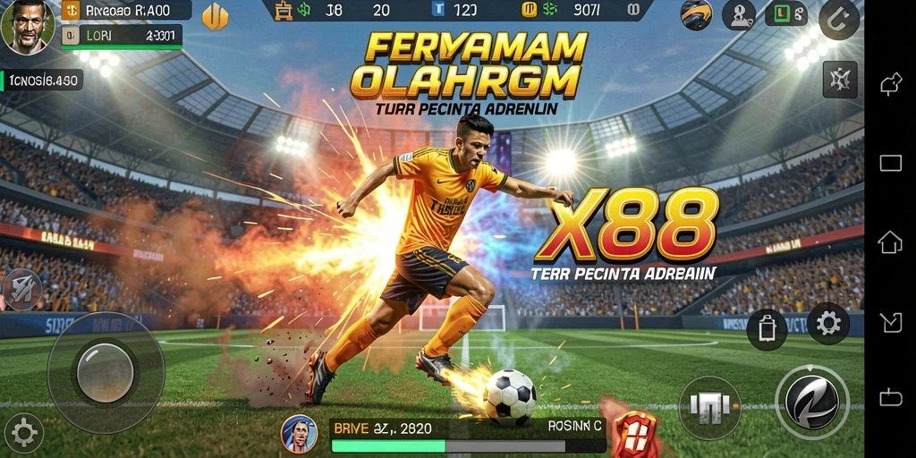 Screenshot utama X88 menampilkan aksi pertandingan olahraga yang penuh semangat.